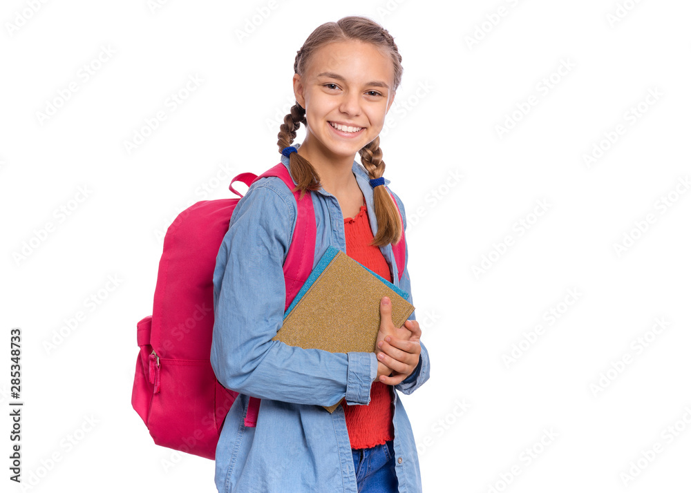 Beautiful student teen girl with backpack holding books, looking at camera. Portrait of cute smiling schoolgirl with bag, isolated on white background. Happy child Back to school. Beautiful student teen girl with backpack holding books, looking at camera. Portrait of cute smiling schoolgirl with bag, isolated on white background. Happy child Back to school.
