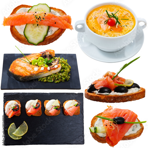 Various dishes of salmon with vegetables