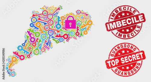 Safety Guangdong Province map and stamps. Red rounded Top Secret and Imbecile scratched seal stamps. Colored Guangdong Province map mosaic of different safety symbols.