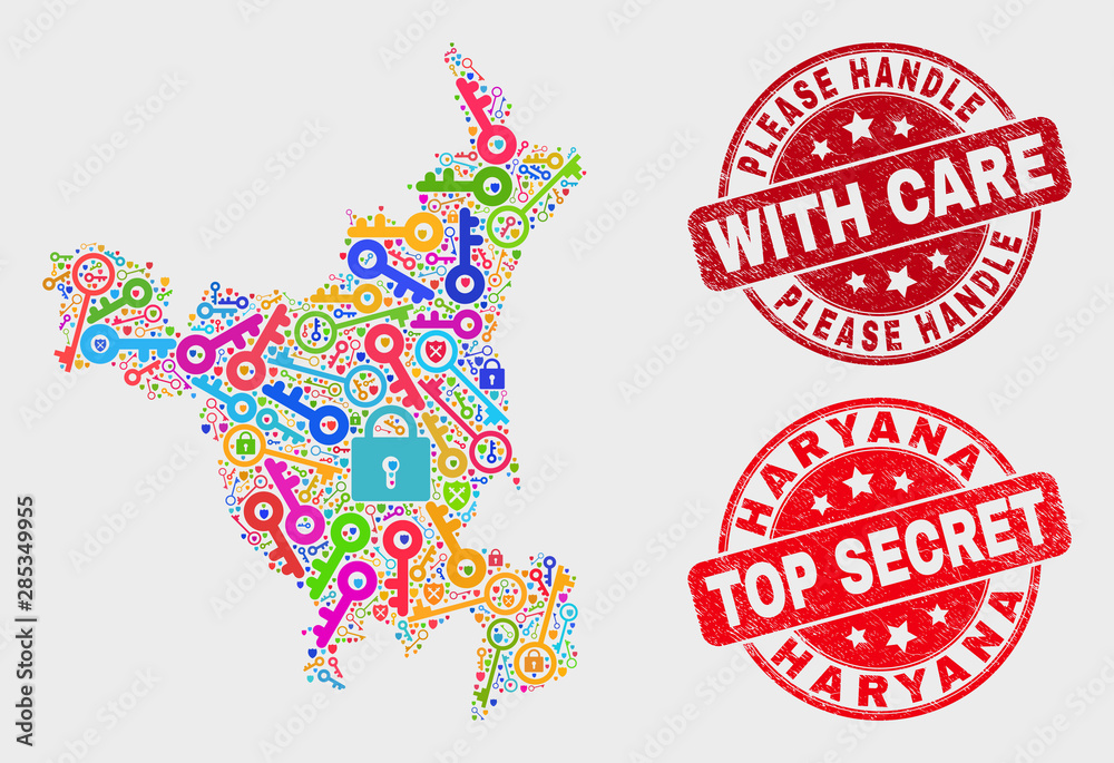Secure Haryana State map and seal stamps. Red round Top Secret and Please Handle with Care distress seal stamps. Colorful Haryana State map mosaic of different registration symbols. Secure Haryana State map and seal stamps. Red round Top Secret and Please Handle with Care distress seal stamps. Colorful Haryana State map mosaic of different registration symbols.