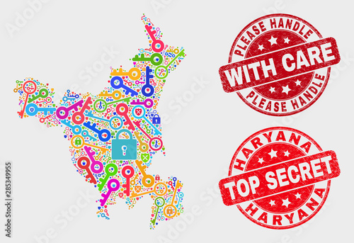 Secure Haryana State map and seal stamps. Red round Top Secret and Please Handle with Care distress seal stamps. Colorful Haryana State map mosaic of different registration symbols.