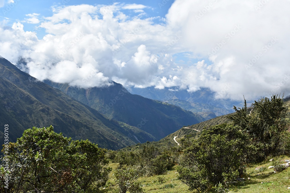 Mountains on Salkantay Trek in Peru, the road to Machu Picchu. - obrazy, fototapety, plakaty 