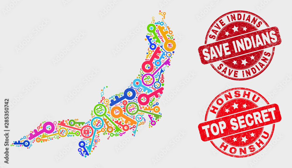 Passkey Honshu Island map and stamps. Red rounded Top Secret and Save Indians grunge stamps. Colored Honshu Island map mosaic of different guard icons. Vector composition for guard purposes.
