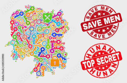 Key Hunan Province map and stamps. Red rounded Top Secret and Save Men distress stamps. Colorful Hunan Province map mosaic of different registration items. Vector collage for safety purposes.