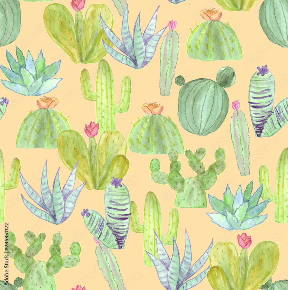 Obraz Cactus pattern in different shades of green with flowers on a yellow background. Watercolor elements combined in a seamless pattern.