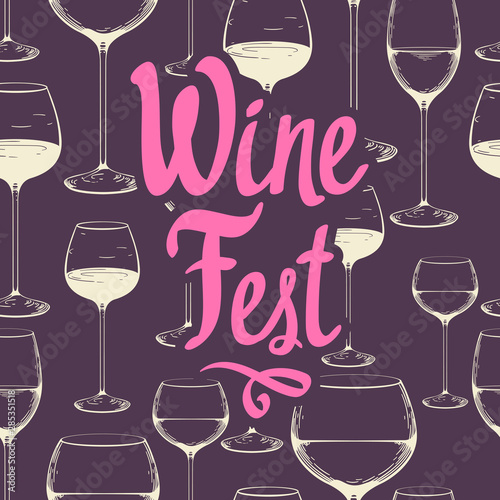 Hand-drawn sketch of wine glass on dark violet background. Seamless glassware pattern. Black and white style. Vintage.