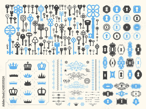 Vector illustration with design elements for decoration. Big silhouettes set of keys, locks, crown, boarders, arrows, feathers on white background. Vintage style.