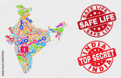 Safeguard India map and seal stamps. Red round Top Secret and Safe Life scratched seal stamps. Colored India map mosaic of different key elements. Vector composition for security purposes.