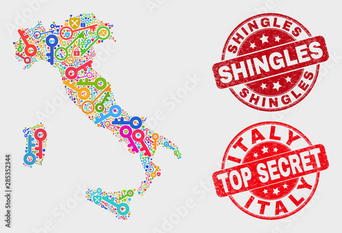 Keep Italy map and seal stamps. Red rounded Top Secret and Shingles grunge watermarks. Bright Italy map mosaic of different safety symbols. Vector composition for safety purposes.