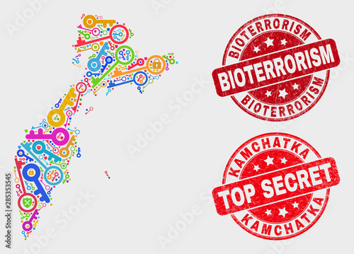Guard Kamchatka map and seal stamps. Red round Top Secret and Bioterrorism textured seal stamps. Bright Kamchatka map mosaic of different passkey elements. Vector collage for security purposes.