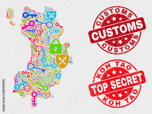 Security Koh Tao map and seal stamps. Red round Top Secret and Customs distress seal stamps. Colored Koh Tao map mosaic of different shield elements. Vector combination for keeping purposes.