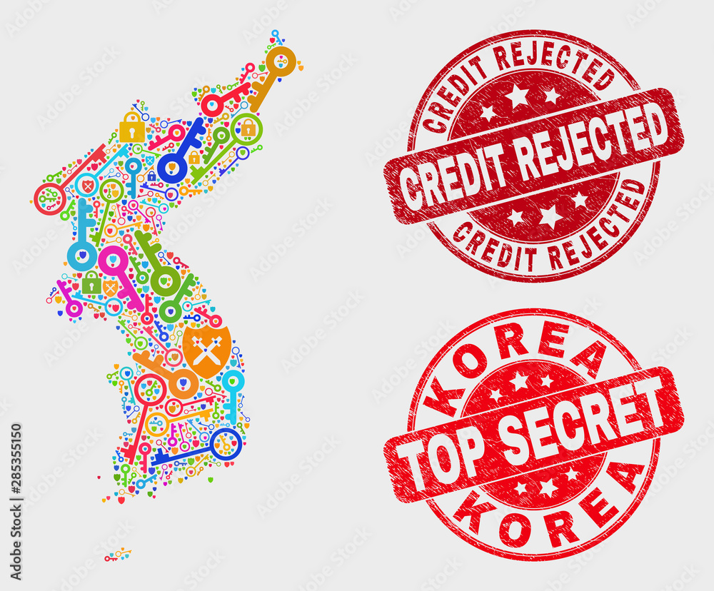 Security Korea map and seal stamps. Red rounded Top Secret and Credit Rejected textured seal stamps. Colored Korea map mosaic of different keeper elements. Vector composition for security purposes. Security Korea map and seal stamps. Red rounded Top Secret and Credit Rejected textured seal stamps. Colored Korea map mosaic of different keeper elements. Vector composition for security purposes.