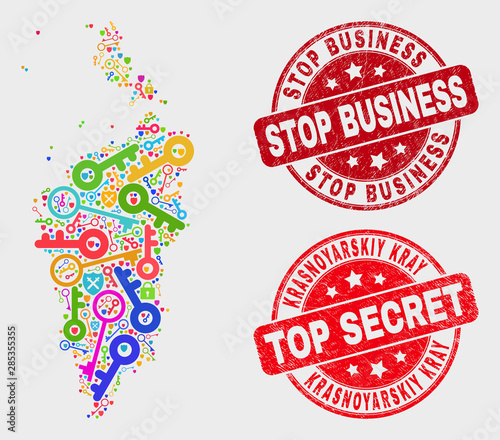 Security Krasnoyarskiy Kray map and watermarks. Red round Top Secret and Stop Business scratched seal stamps. Colorful Krasnoyarskiy Kray map mosaic of different security items.