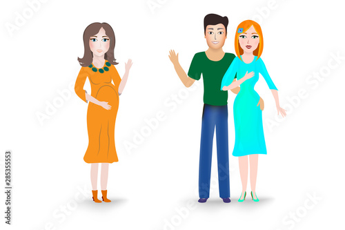 Illustration of a surrogate mother for a childless family couple on a white background. A pregnant woman is carrying a child for men and women in love. The concept of pregnancy planning, surrogacy. photo