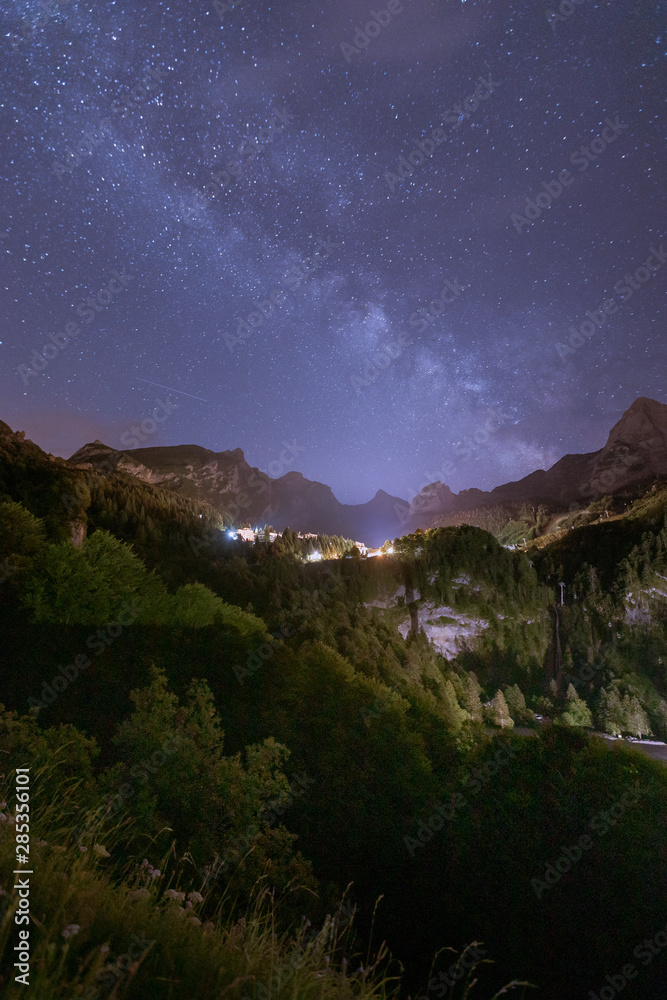Milky way above Gourette ski station at the Pyrenees in summer, Aquitanie,France.