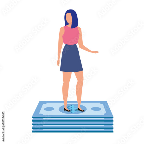 young woman with bills dollars character