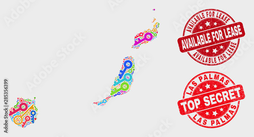 Safeguard Las Palmas Province map and seal stamps. Red rounded Top Secret and Available for Lease scratched seal stamps. Bright Las Palmas Province map mosaic of different security elements.