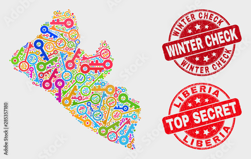 Protection Liberia map and seals. Red round Top Secret and Winter Check grunge stamps. Bright Liberia map mosaic of different guard symbols. Vector combination for guard purposes.