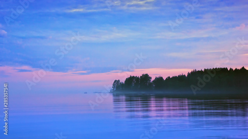 Lilac Seascape With Pink And Blue Clouds After Sunset