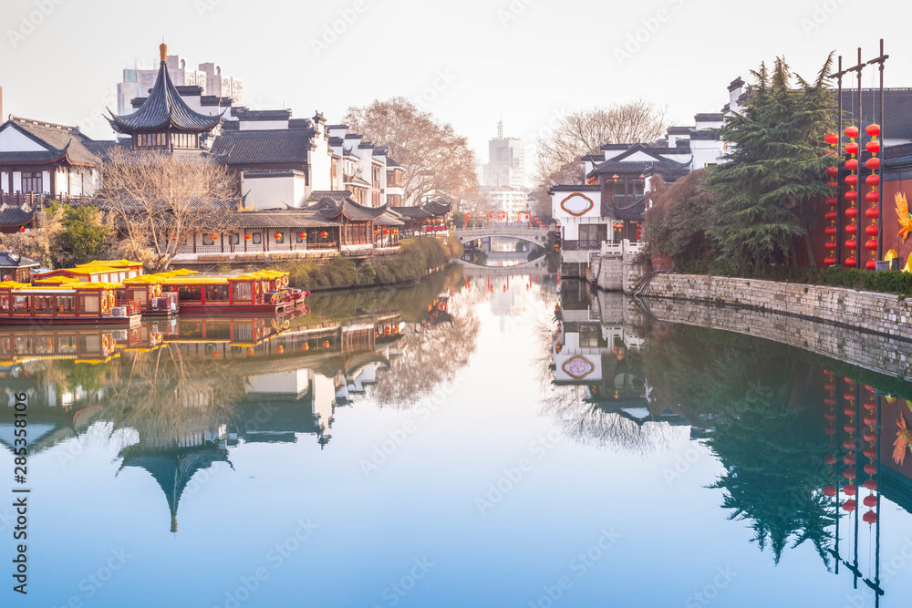 Qinhuai River and Fuzi Miao (Confucian Temple), located in Nanjing, Jiangsu, China.