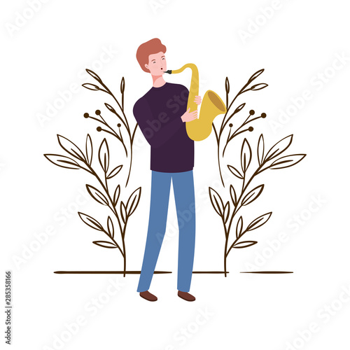 man with saxophone and branches and leaves in the background