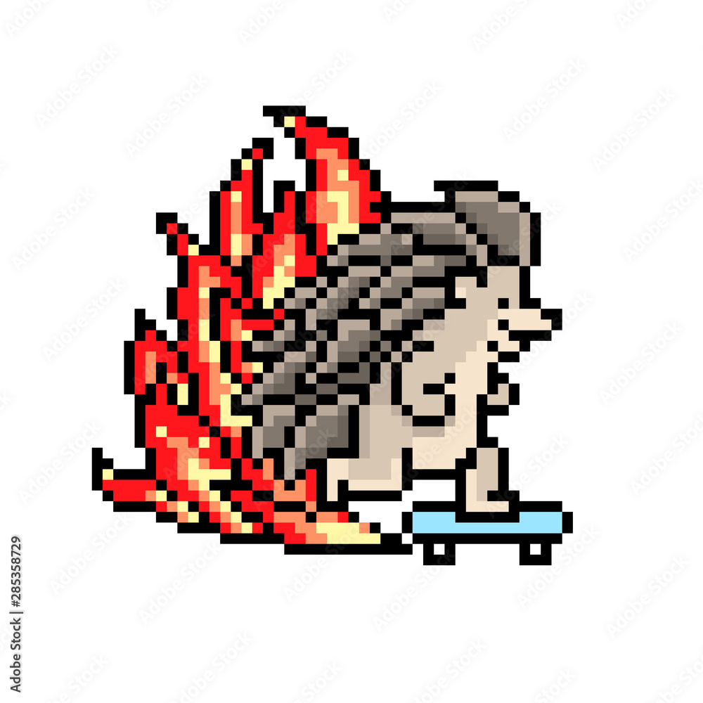 Hedgehog skater on fire, pixel art character isolated on white background. Cool 8 bit skating animal t-shirt print. Old school vintage retro slot machine/video game graphics. Sport activity logo.