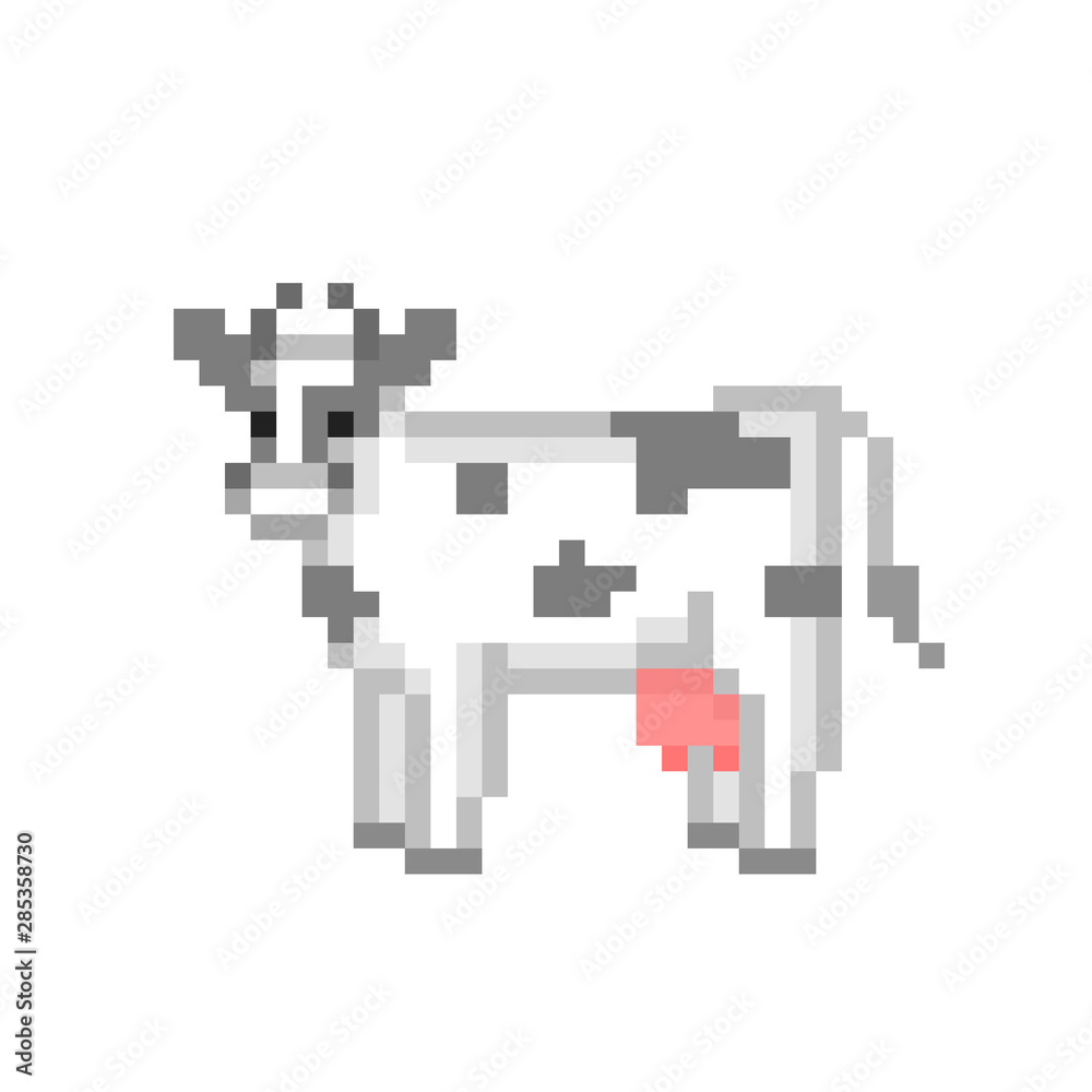 White spotted milk cow, pixel art character isolated on white background. 8 bit farm animal logotype. Old school vintage retro slot machine/video game graphics. Dairy cattle icon. White spotted milk cow, pixel art character isolated on white background. 8 bit farm animal logotype. Old school vintage retro slot machine/video game graphics. Dairy cattle icon.