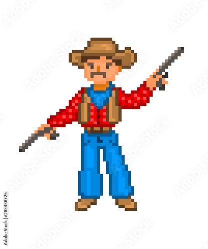 Cowboy with two guns, pixel art character isolated on white background. 8 bit wrangler icon. Old school vintage retro slot machine/video game graphics.