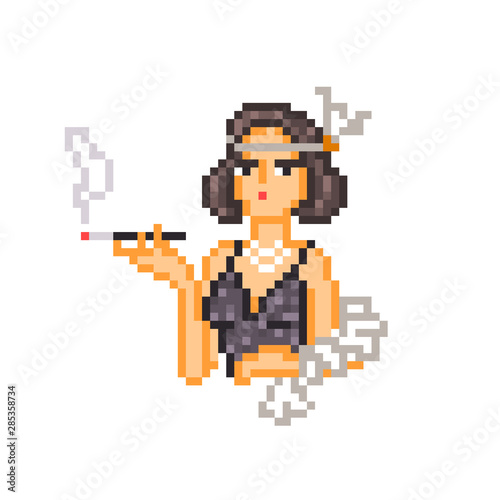 Roaring 20s silent cinema diva,8 bit pixel art character isolated on white.Flapper woman in a black vintage sparkling dress, boa, feather headband smoking cigarette in a mouthpiece.Retro film actress. © Ksenia