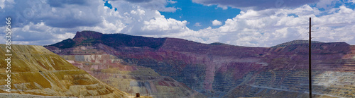 Panorama of the Chino mine in Santa Rita, New Mexico, east of Silver City under a summer sky. Copper mining has long been a major industry in the area.