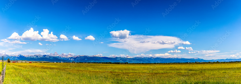 Panorama of Plains, fields, pasture and Mountains