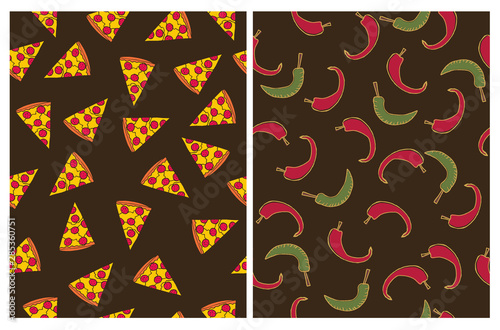 Piece of Pizza Vector Pattern. Pizza Slice with Tomatos and Salami. Hand Drawn Fast Food. Red and Green Chilli Pepper on a Brown Background. Cute Irregular Repeatable Pattern.
