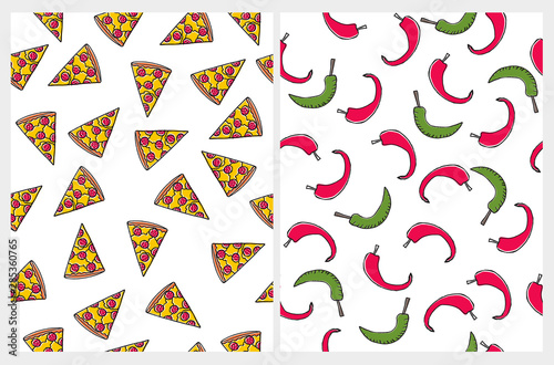 Piece of Pizza Vector Pattern. Pizza Slice with Tomatos and Salami. Hand Drawn Fast Food. Red and Green Chilli Pepper on a White Background. Cute Irregular Repeatable Pattern.