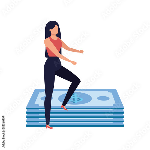young woman with bills dollars character