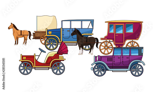 Classic cars and horse carriages vehicles