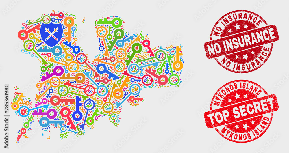Shield Mykonos Island map and seal stamps. Red round Top Secret and No Insurance textured seal stamps. Colored Mykonos Island map mosaic of different shield symbols. Shield Mykonos Island map and seal stamps. Red round Top Secret and No Insurance textured seal stamps. Colored Mykonos Island map mosaic of different shield symbols.