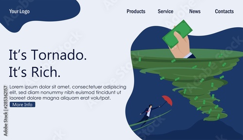 Businessman flying with umbrella by hurricane of money. Business Landing Page Template.