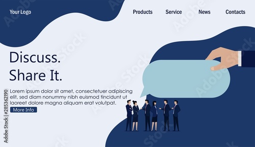 Business team talking outdoor blue bubble chat. Business Landing Page Template.