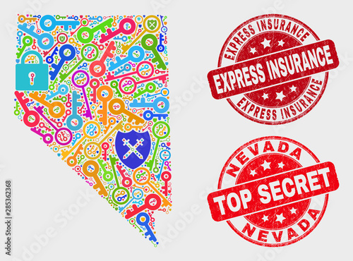 Protection Nevada State map and stamps. Red rounded Top Secret and Express Insurance grunge stamps. Colorful Nevada State map mosaic of different key items. Vector composition for safety purposes.