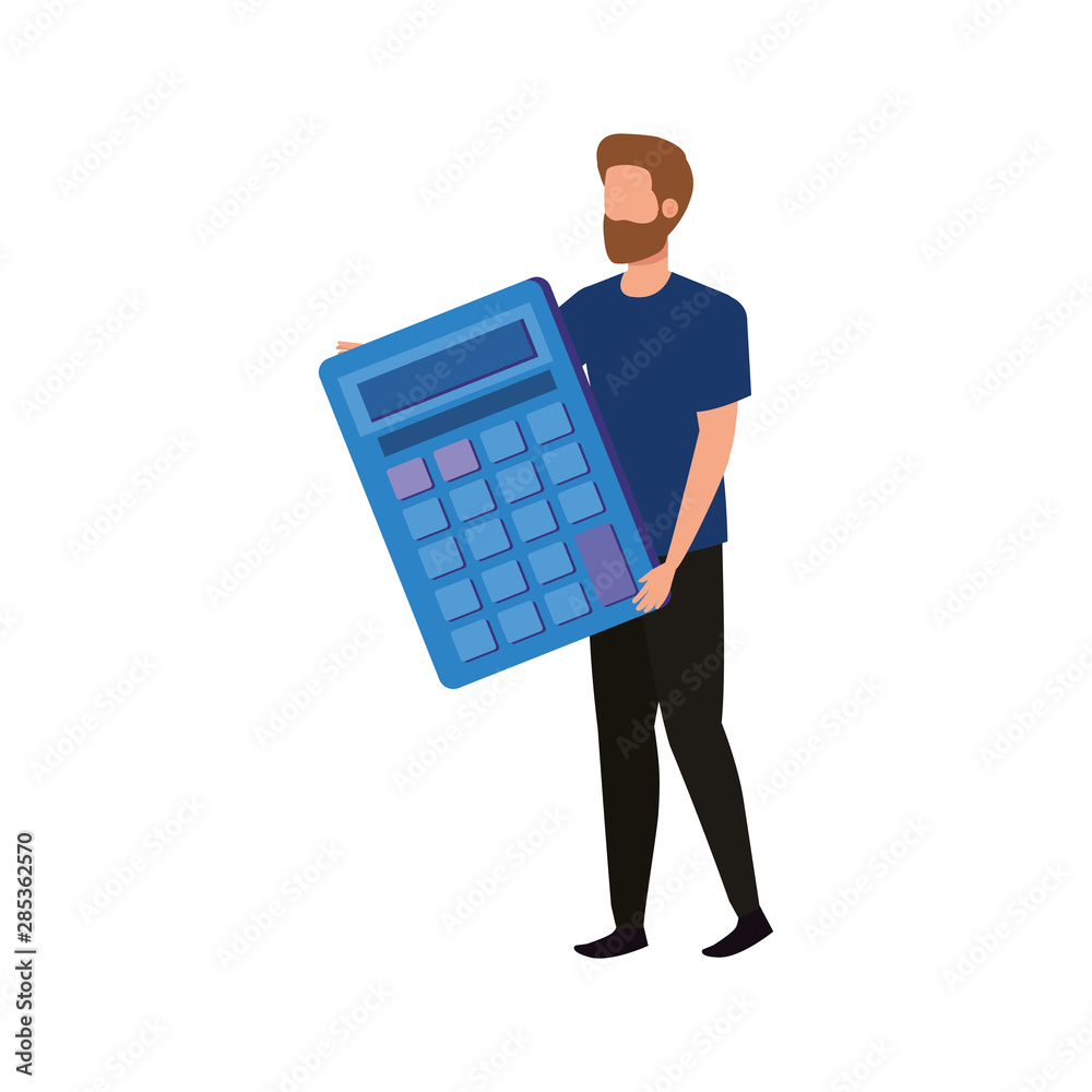 young man with calculator math character young man with calculator math character