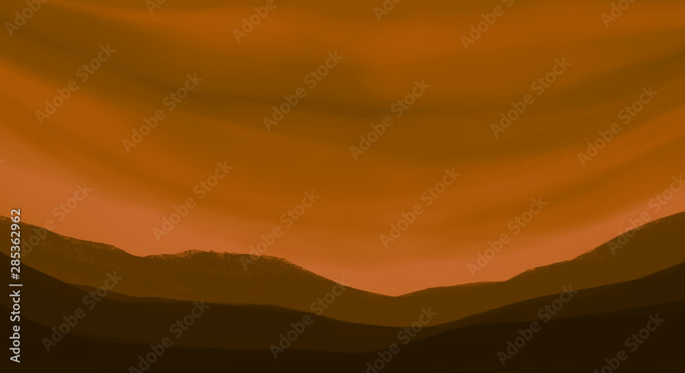 Lanscape digital painting waves mountains sunset sky background