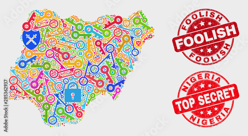 Security Nigeria map and seals. Red rounded Top Secret and Foolish textured seals. Colored Nigeria map mosaic of different security icons. Vector composition for safety purposes.