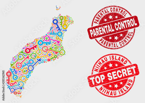 Firewall Niihau Island map and seal stamps. Red rounded Top Secret and Parental Control textured seal stamps. Colorful Niihau Island map mosaic of different secure symbols.