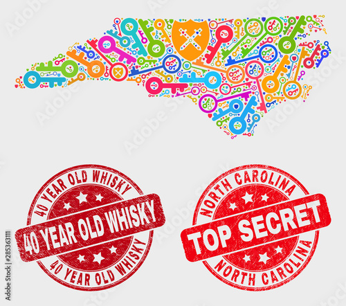 Safety North Carolina State map and seal stamps. Red round Top Secret and 40 Year Old Whisky grunge seal stamps. Bright North Carolina State map mosaic of different safeguard symbols.