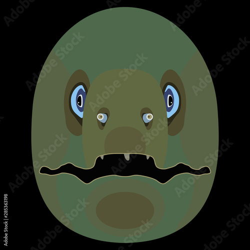 Stylized funny face of Moray eel fish. Sea monster. Flat cartoon style. On black background.