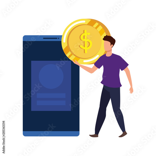 young man with smartphone and money character