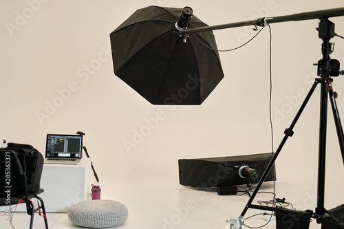 Empty photo studio with the professional equipments