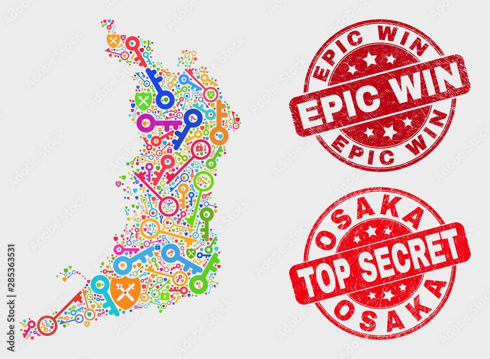 Secure Osaka Prefecture map and stamps. Red round Top Secret and Epic Win textured seal stamps. Bright Osaka Prefecture map mosaic of different secure elements. Vector collage for safety purposes. Secure Osaka Prefecture map and stamps. Red round Top Secret and Epic Win textured seal stamps. Bright Osaka Prefecture map mosaic of different secure elements. Vector collage for safety purposes.