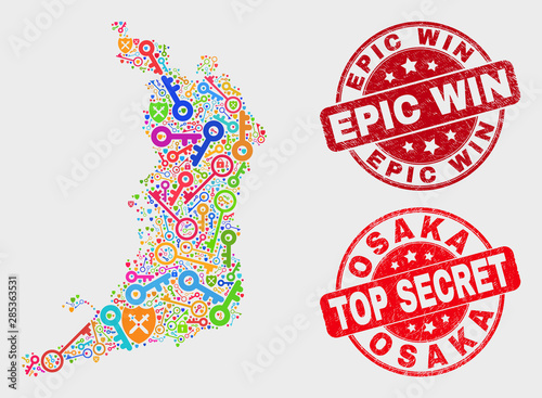 Secure Osaka Prefecture map and stamps. Red round Top Secret and Epic Win textured seal stamps. Bright Osaka Prefecture map mosaic of different secure elements. Vector collage for safety purposes.