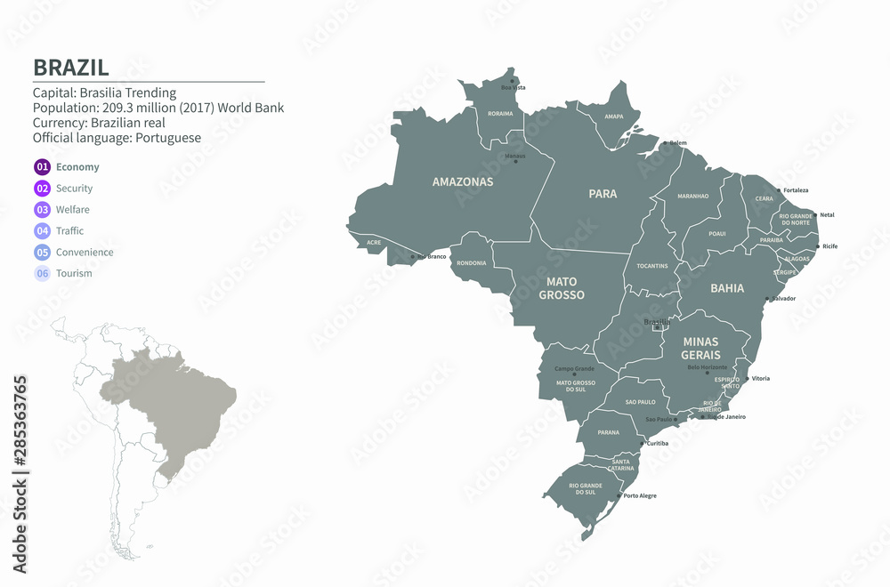 graphic vector map of south america. brazil map.